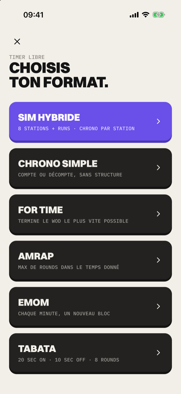 Écran Timer libre de Yskorr : « Choisis ton format », avec sim hybride, chrono simple, for time, AMRAP, EMOM et Tabata.