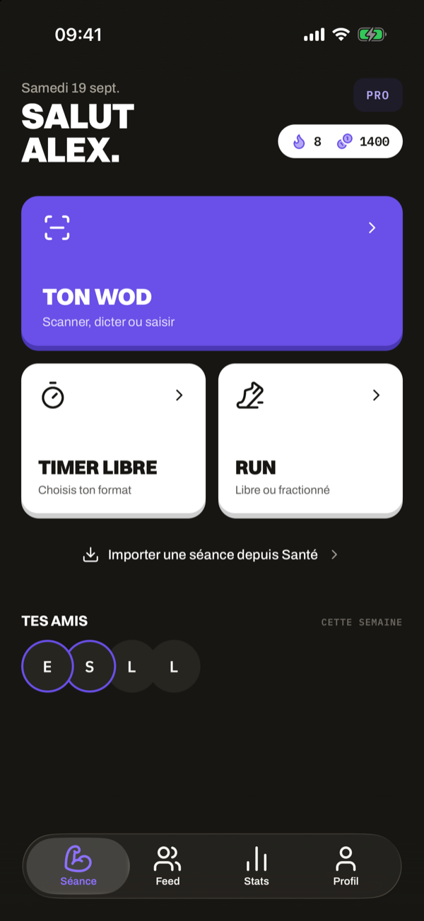 Accueil de Yskorr en thème sombre : « Salut Alex. », la carte Ton WOD (scanner, dicter ou saisir), Timer libre et Run.